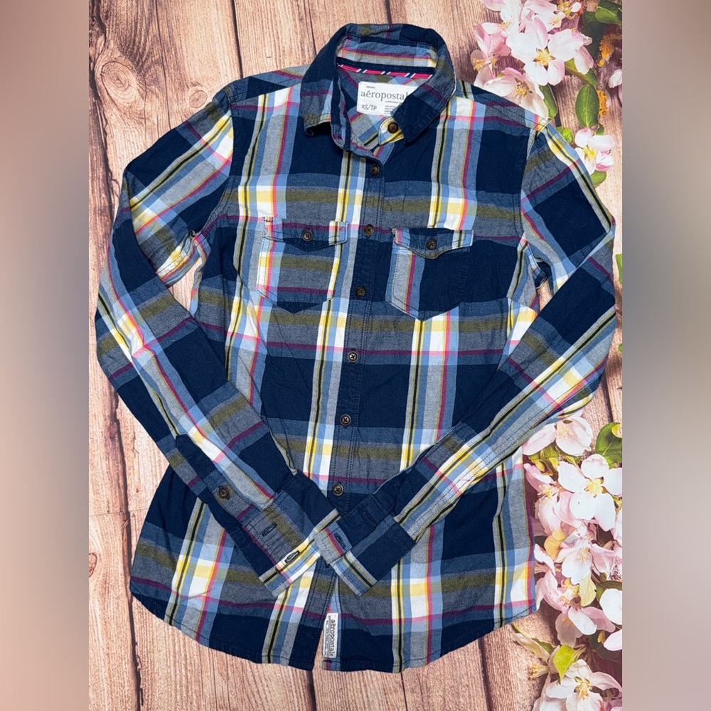 Aeropostale Womens Plaid Flannel Shirt Long Sleeve Button Down XS Casual